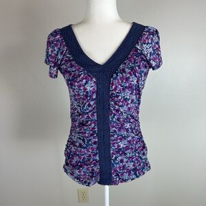 Y2K M Mesh Crochet Top Ruched Abstract Colorful Floral Short Sleeve Going Out